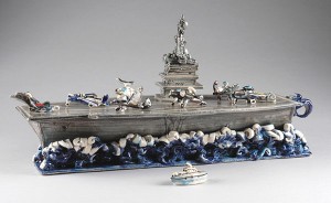Gerry Wallace (American, b. 1943) "Aircraft Carrier" 2005 stoneware, porcelain, china paint, A10 oxide. 7.5 x 18.25 x 6.75" Photos: Kevin O'Dwyer 2005.84.1