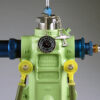 A green fire hydrant with blue and yellow parts.