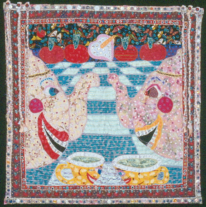 Therese May (American, b. 1943) Tea Lovers 1998 machine-appliqued cloth, paint, buttons, beads