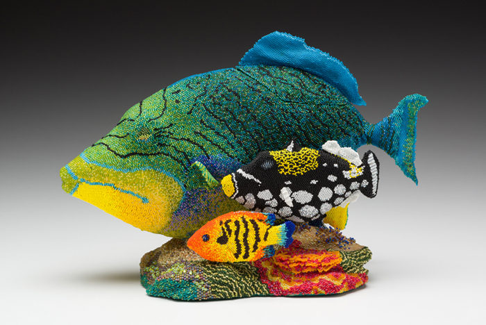 Leslie Grigsby (American, b. 1957), "If You Drink Any More Tea, You'll Turn Into A Fish!" 2009. Threaded glass beads, wooden, 11 x 17.25 x 8.75 in. Kamm Collection 2009.5.