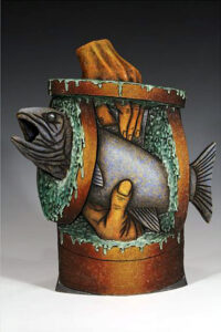 Louis Marak (American, b. 1942), "Fingered Fish Teapot" 2008. Earthenware, 16.25 x 13.5 x 3.5 in. Kamm Collection 2010.73.3.