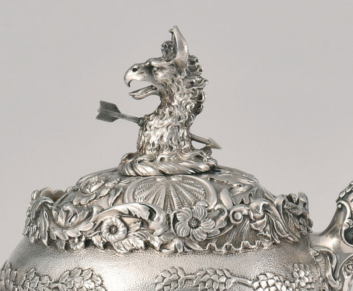 Kamm Teapot Foundation. William Eley II, Silver Teapot detail.