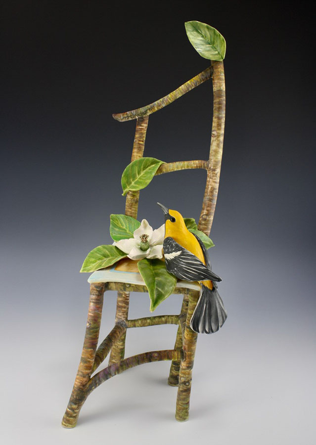 Gail Ritchie, a ceramic sculpture of a chair and bird.
