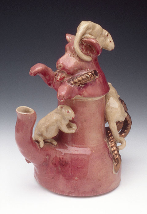 Viola Frey, "Untitled" 1971-1972. Earthenware, glazes, bronze luster, 8.5 × 8 × 4.75 in. Kamm Teapot Collection.