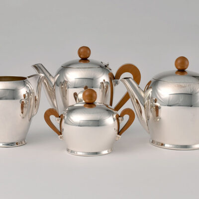 Carlo Alessi, Bombe Coffee and Tea Set. Designed 1945. Silverplated stainless steel.