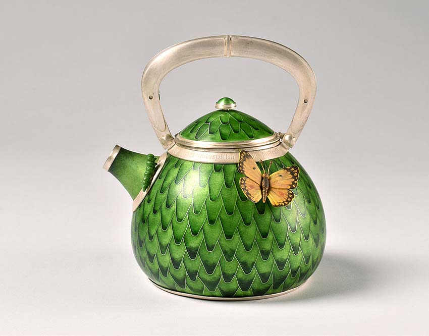 Harlan Butt, Enamel teapot, green with butterfly.